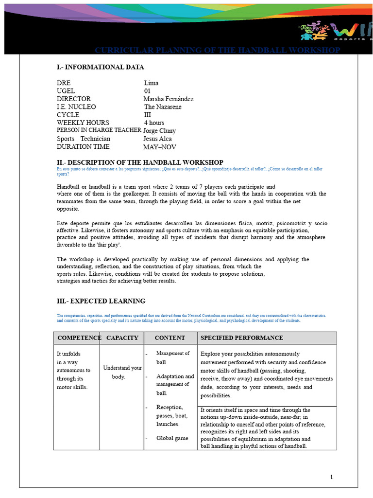 Curricular Planning Handball 1 | PDF | Evaluation | Methodology