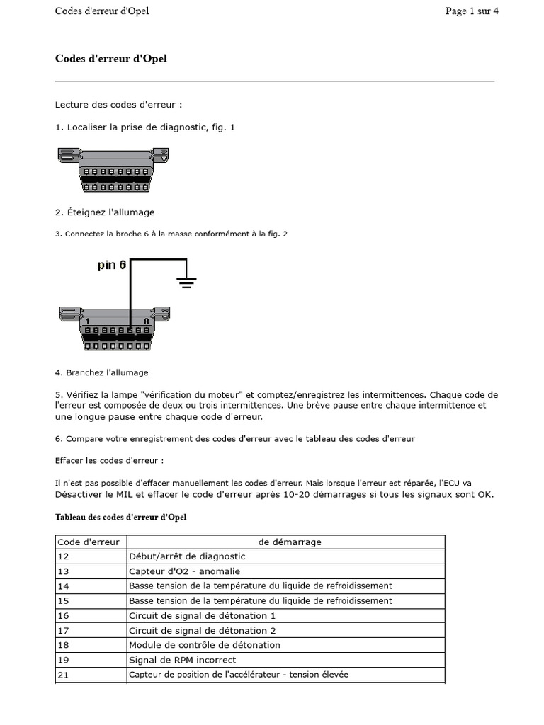 Codes d'erreur Opel : Guide complet | PDF | Allumage