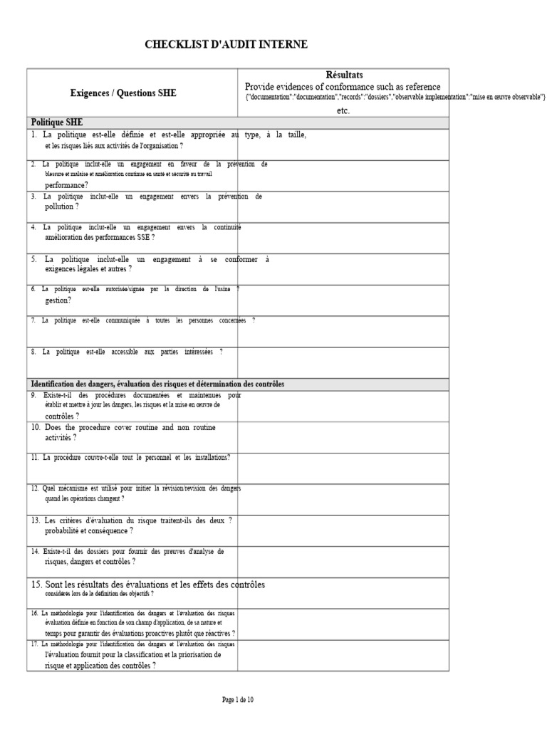 Checklist d'Audit Interne SHE | PDF | Audit | Sécurité