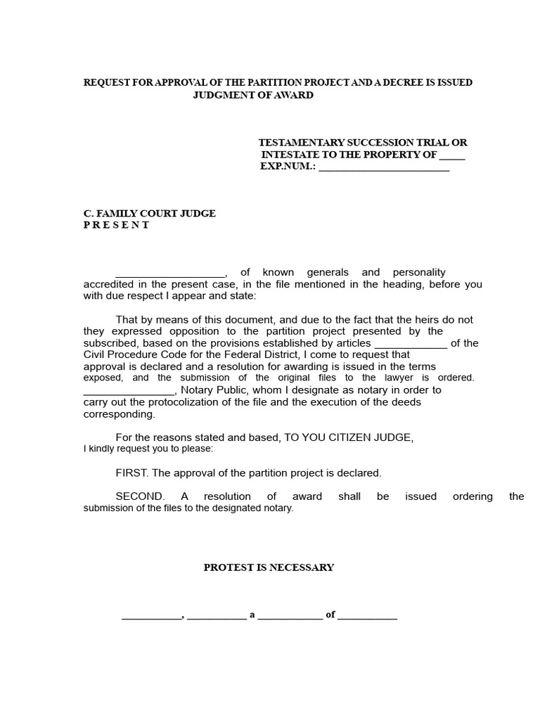 Request For Approval of The Partition Project and The Issuance of A ...