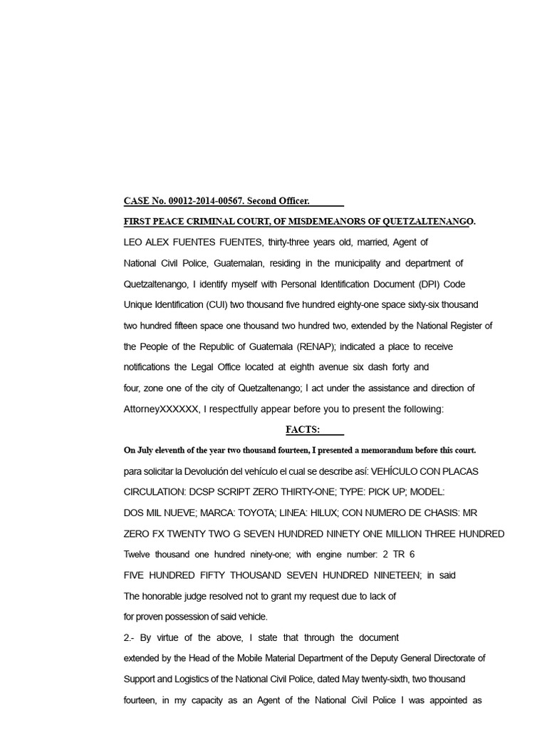 Vehicle Return Request in Quetzaltenango | PDF | Common Law | Justice