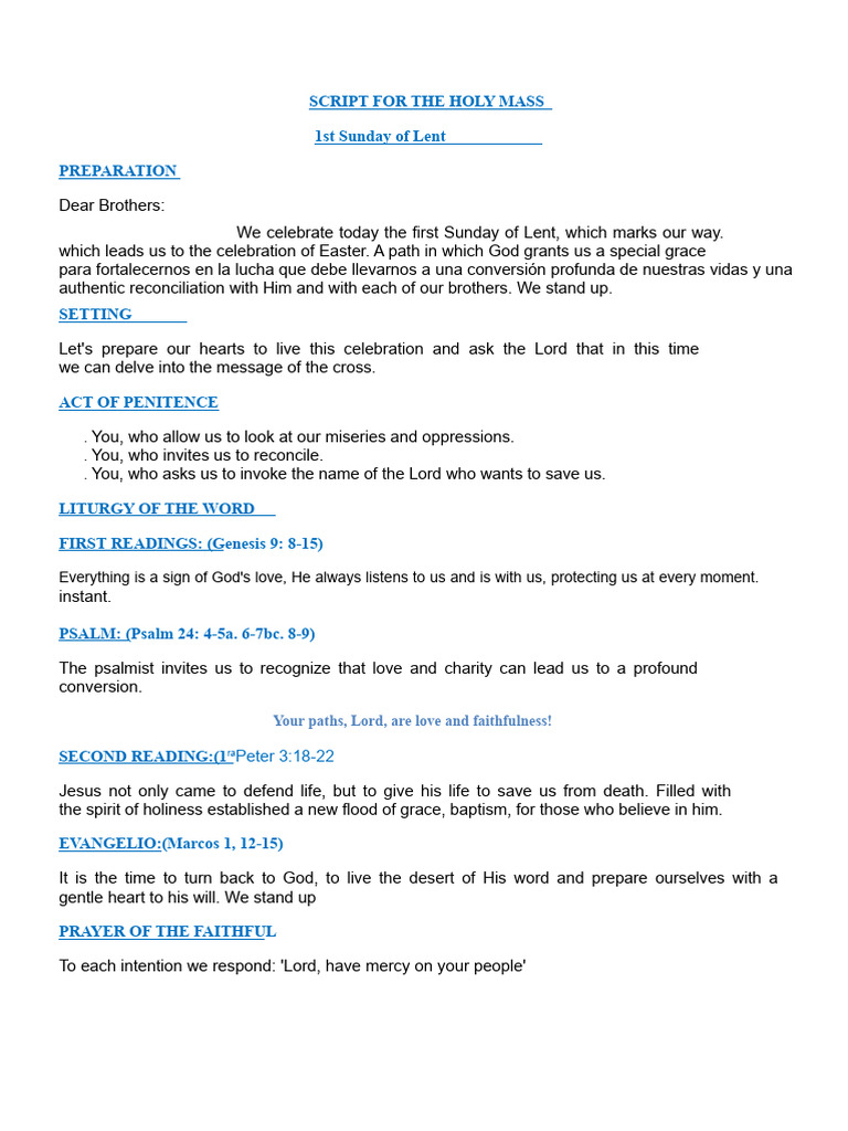 Lenten Mass Script for 1st Sunday | PDF | Lent | Eucharist