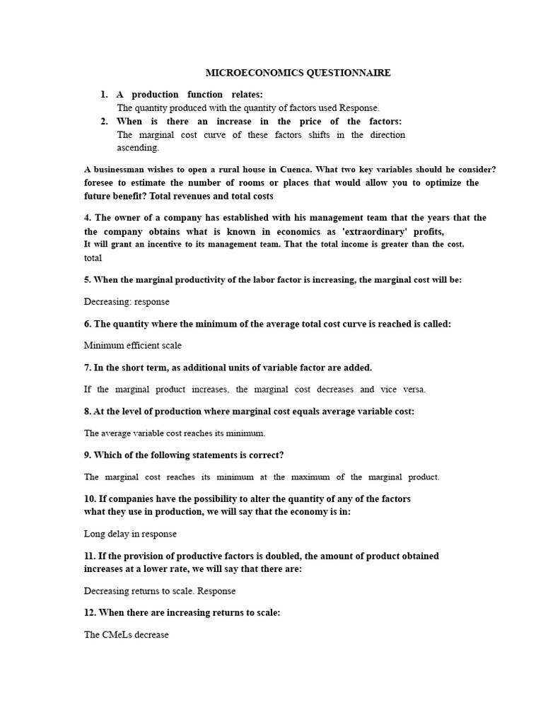 Microeconomics Questionnaire Insights | PDF