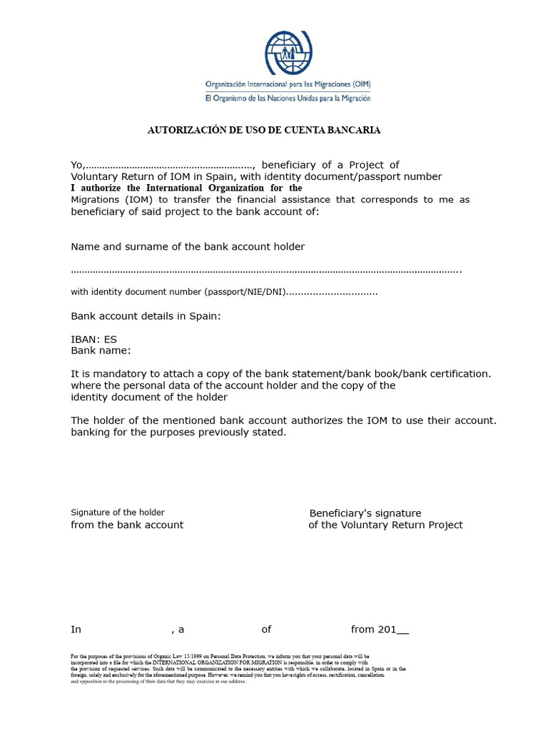IOM Bank Account Authorization Form | PDF