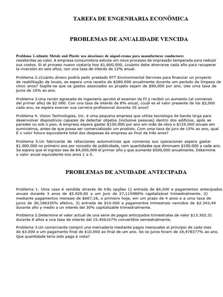 Problemas de Anualidade e Gradiente Econômico | PDF | Juros | Economia ...