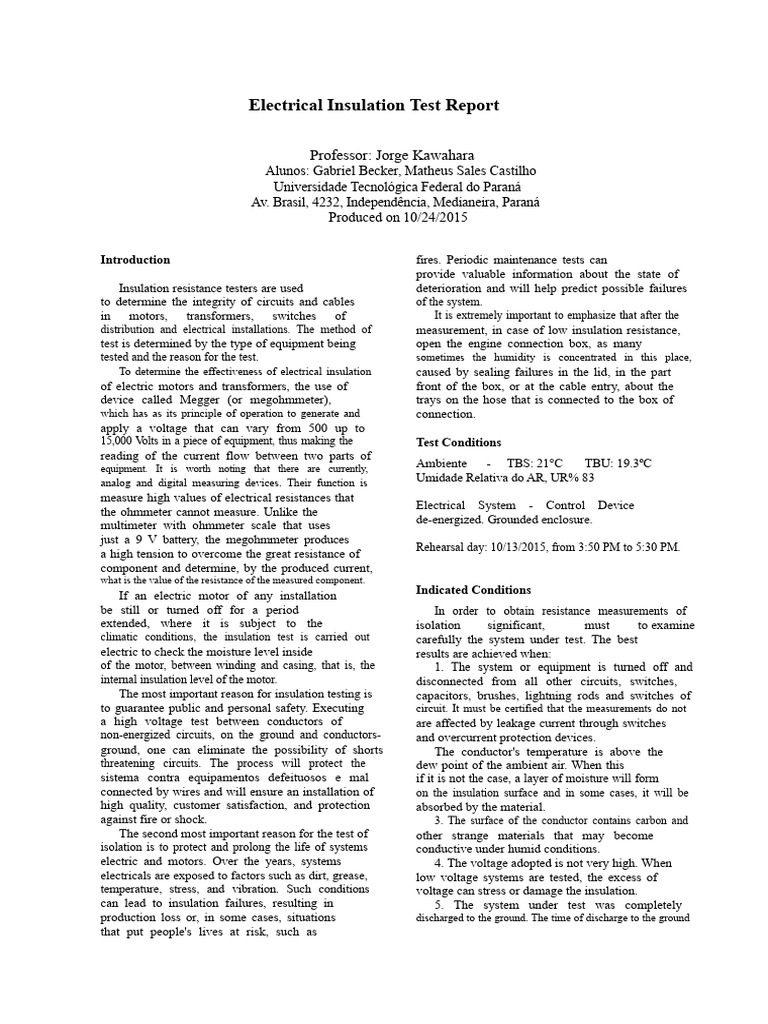 Electrical Insulation Testing Report | PDF | Insulator (Electricity ...