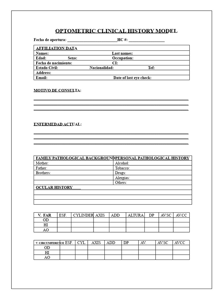 Optometric Clinical History Model. | PDF