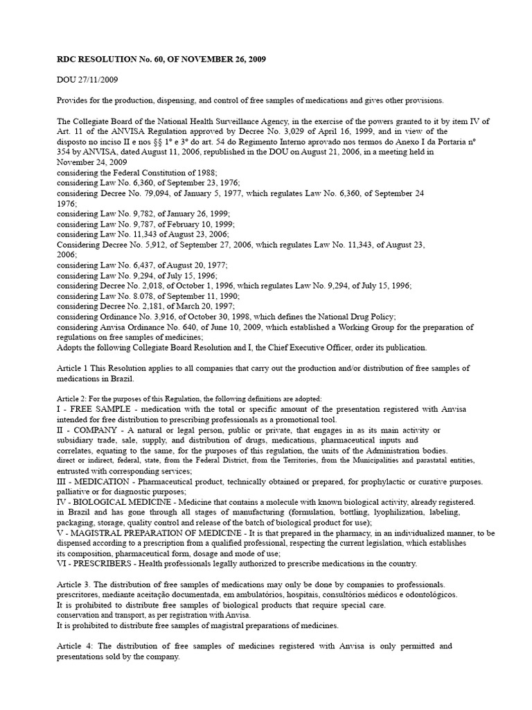 RDC 60/2009: Free Medication Samples Regulations | PDF | Medical ...