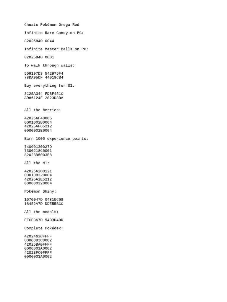 Pokémon Omega Red Cheat Codes Guide | PDF