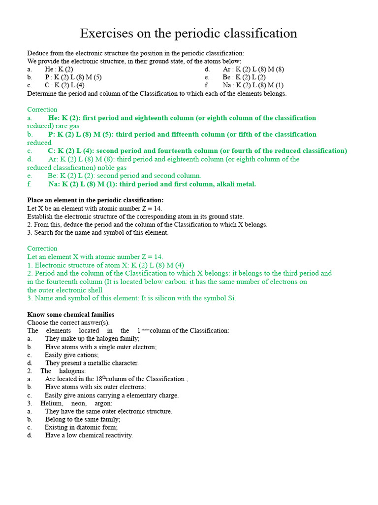 Periodic Table Classification Exercises | PDF | Periodic Table | Ion