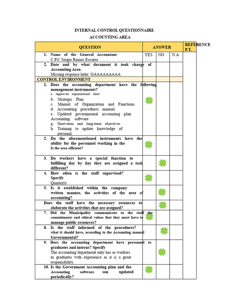 Internal Control Questionnaire for Accounting | PDF | Internal Control ...
