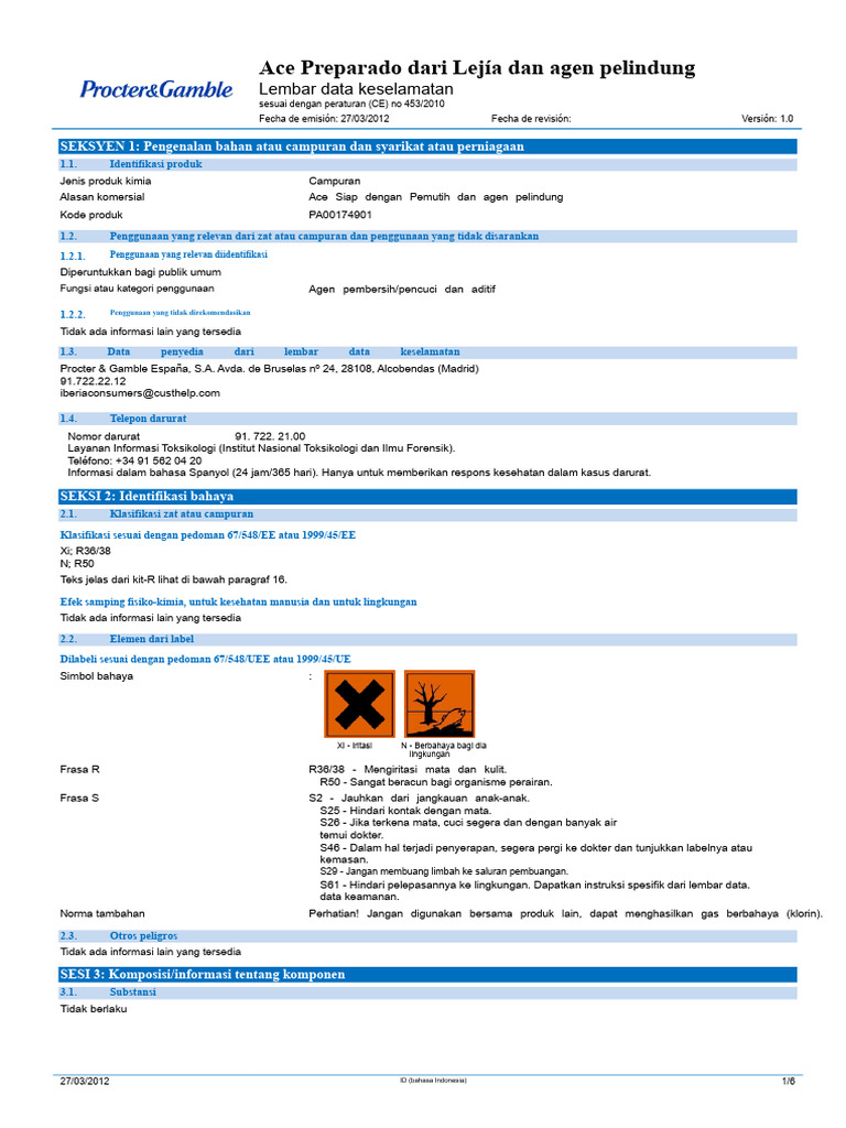 Lembar Data Keselamatan Ace Preparado | PDF