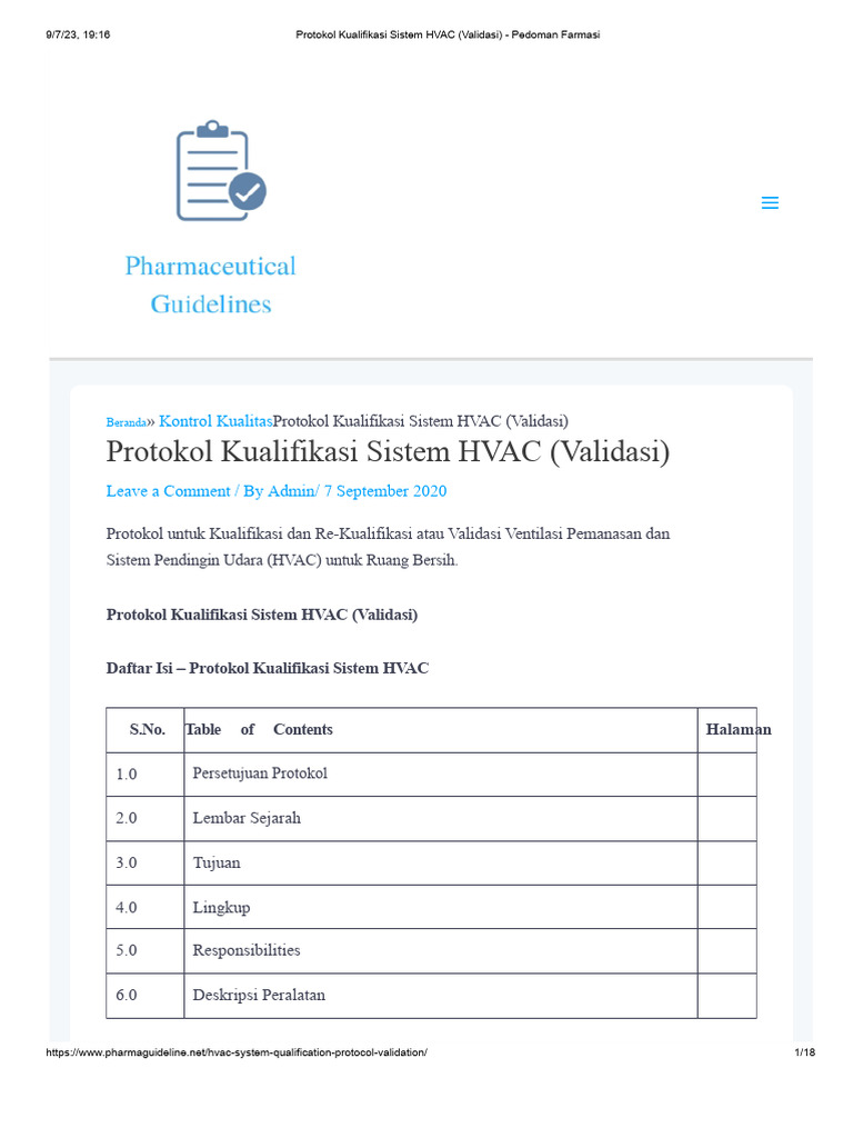 Protokol Kualifikasi HVAC untuk Ruang Bersih | PDF