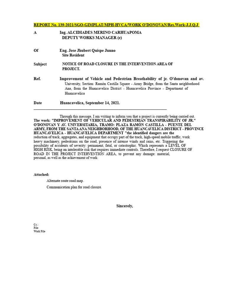 Road Closure Notice for Huancavelica Project | PDF | Road | Safety