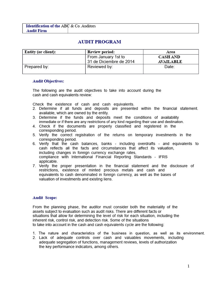 Cash and Cash Equivalents Audit Program | PDF | Cheque | Audit