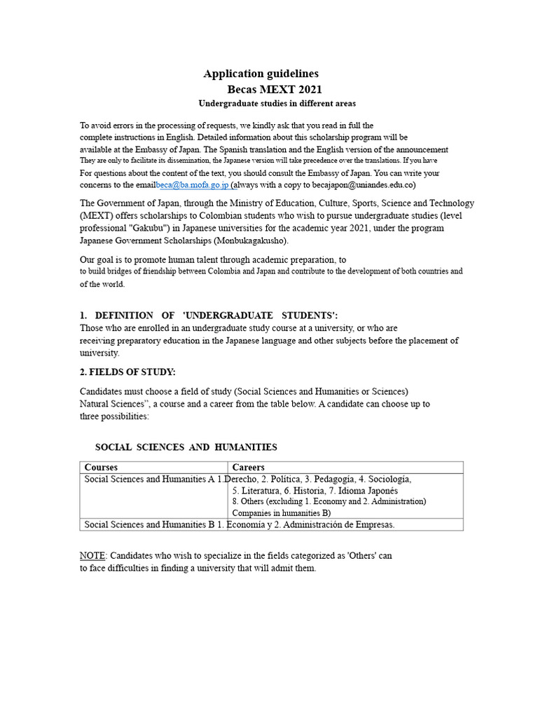 MEXT 2021 Scholarship Application Guide | PDF | University And College ...