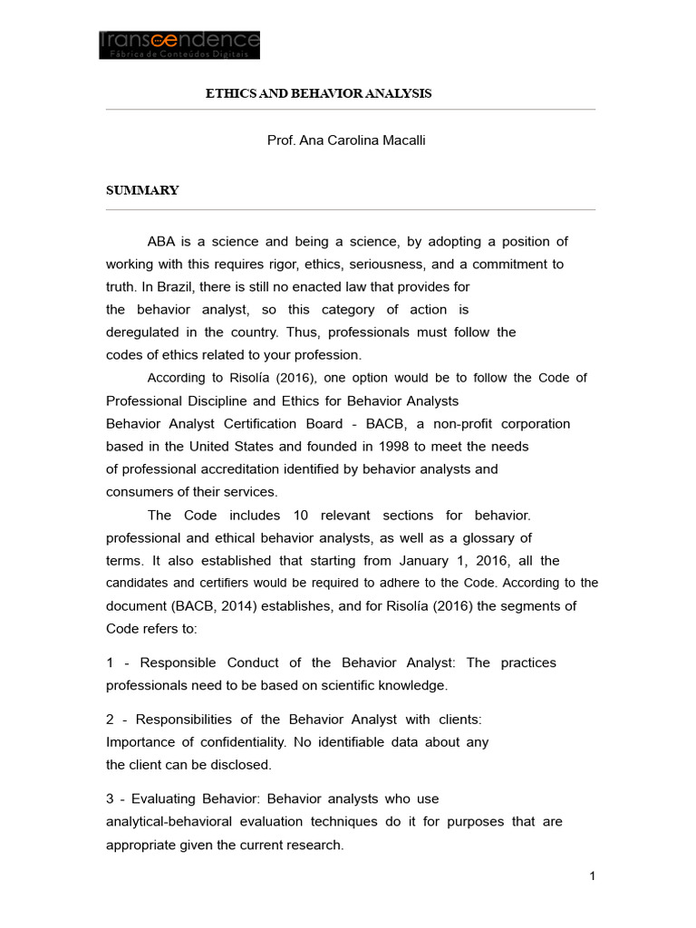 Ethics in Behavior Analysis Practice PDF Psychological Concepts