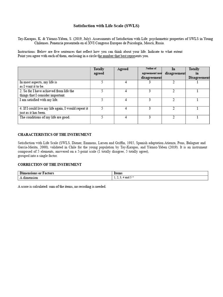 Satisfaction with Life Scale Overview | PDF