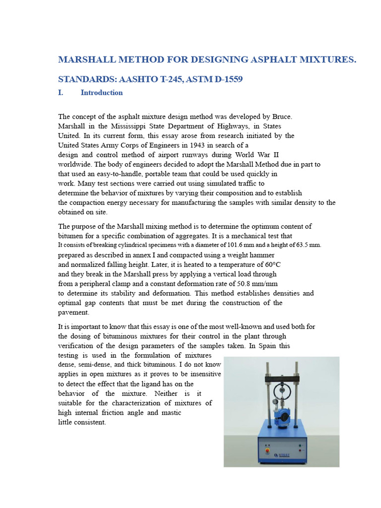 Marshall Method for Asphalt Mixture Design | PDF | Density ...