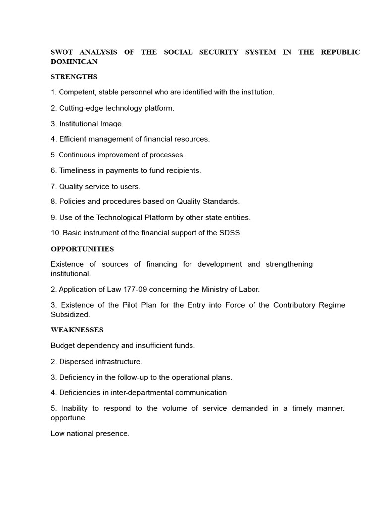 SWOT Analysis of The Social Security System in The Dominican Republic | PDF