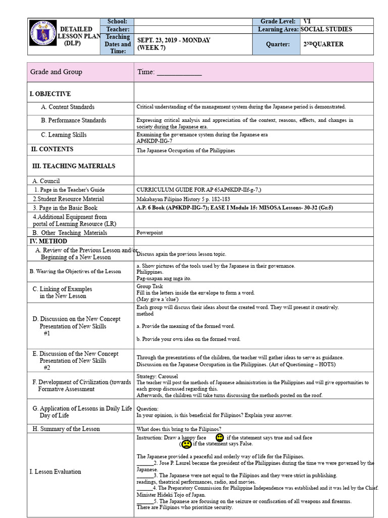Japanese Occupation Lesson Plan VI | PDF | Differentiated Instruction ...