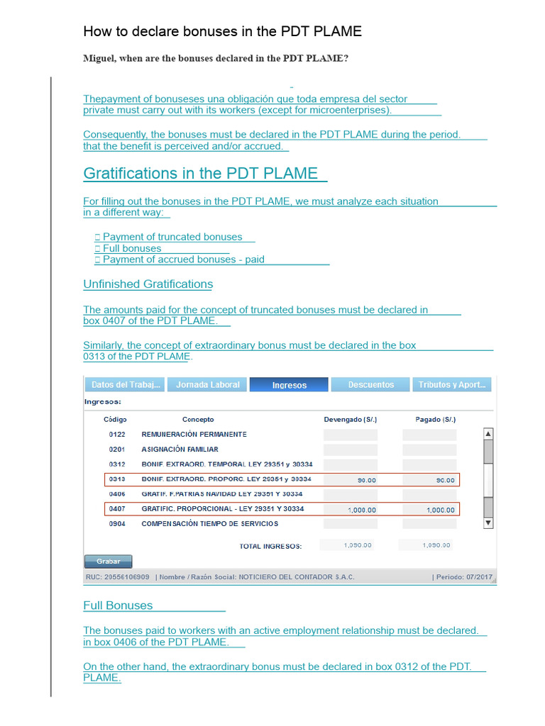 How To Declare Bonuses in The PDT PLAME | PDF | Salary | Overtime