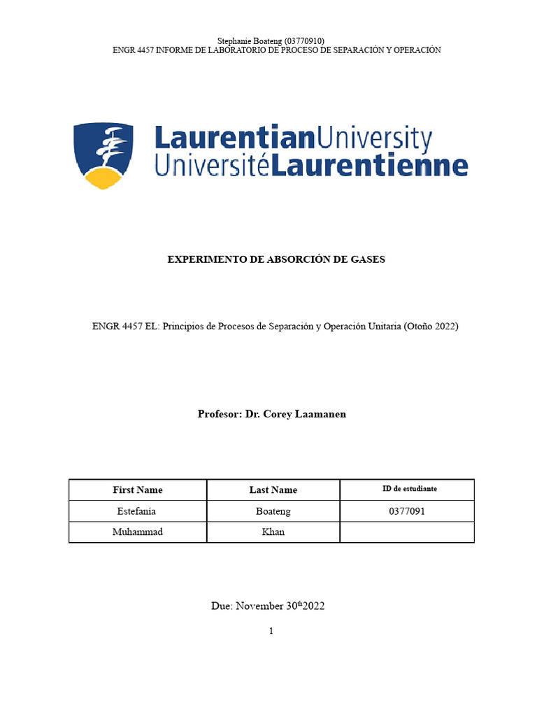 Informe de Absorción de Gases ENGR 4457 | PDF | Absorción (Química) | Gases