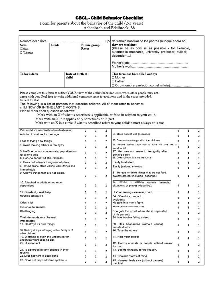 Child Behavior Checklist for Ages 2-3 | PDF | Mental Disorder ...