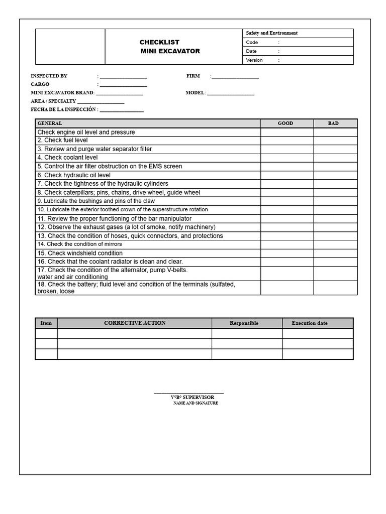 Mini Excavator Safety Inspection Checklist | PDF