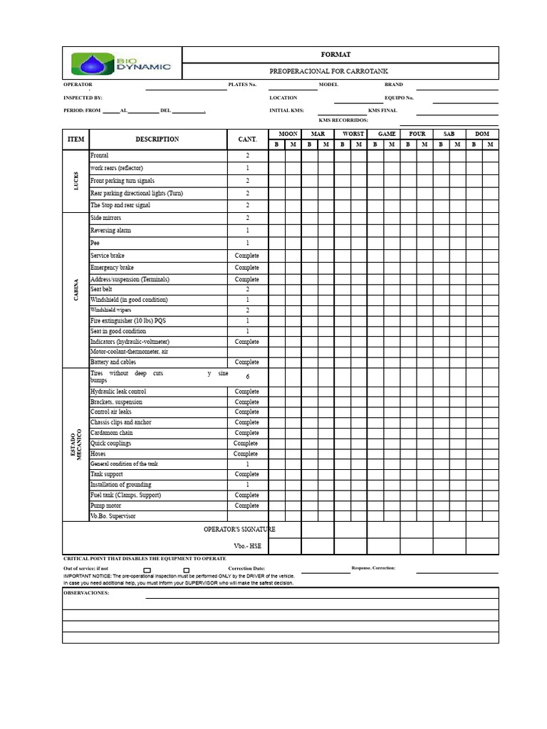 Pre-Operational Inspection For Tanker Truck | PDF | Truck ...