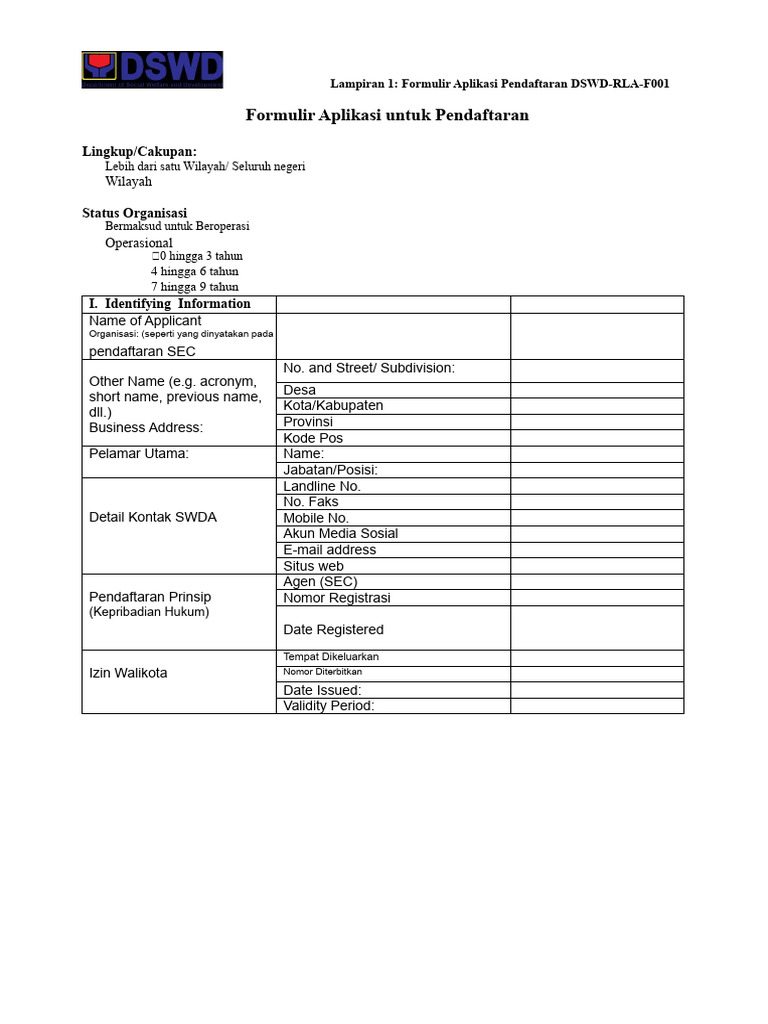 Formulir Pendaftaran DSWD-RLA-F001 | PDF