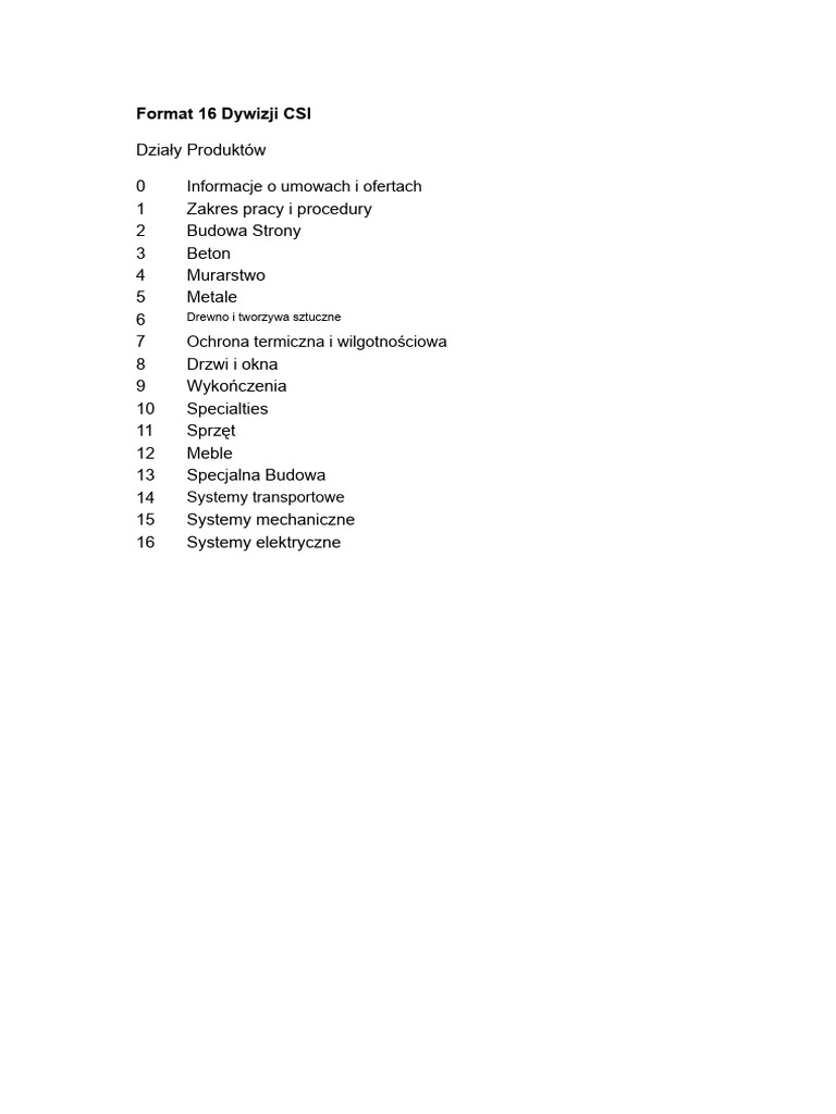 CSI 16 Format Działu PDF | PDF