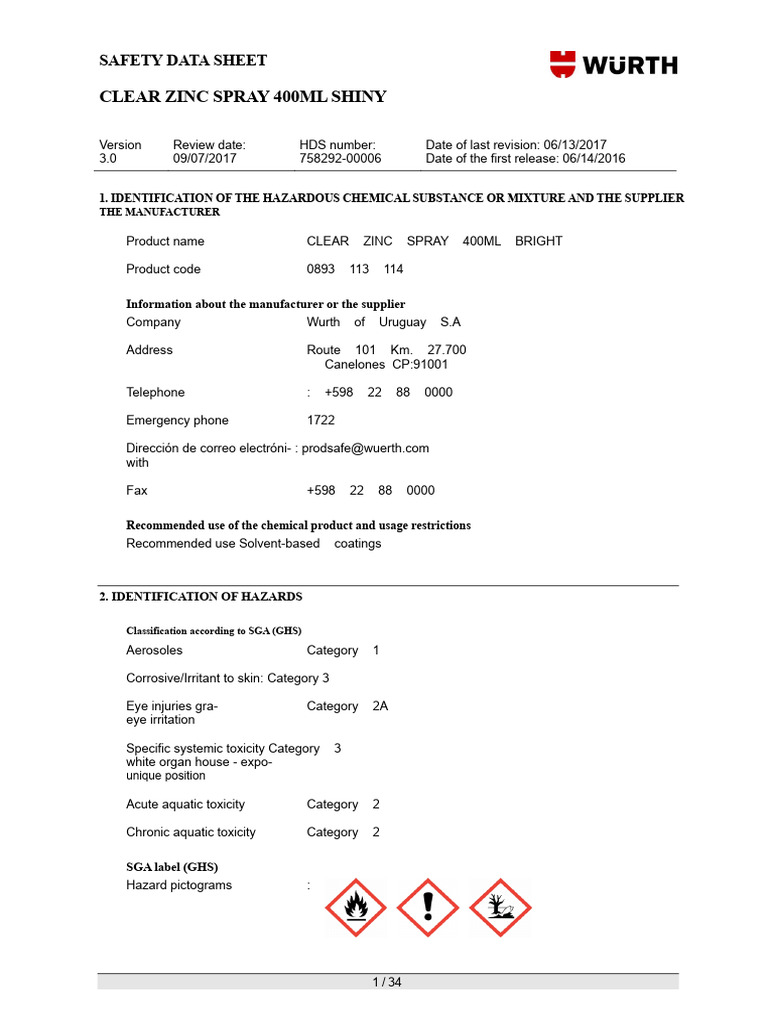 Clear Zinc Spray Safety Data Sheet | PDF | Toxicity | Personal ...
