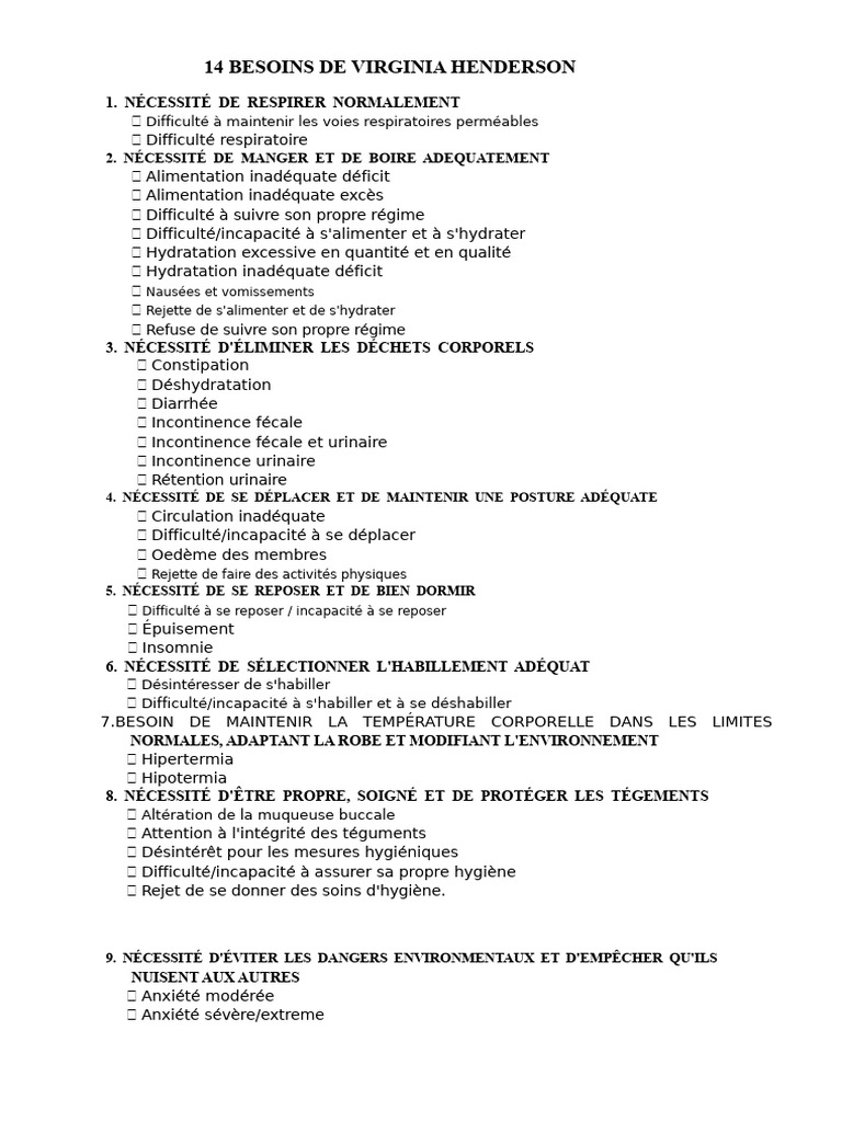 14 Besoins Fondamentaux de Henderson | PDF | Anxiété