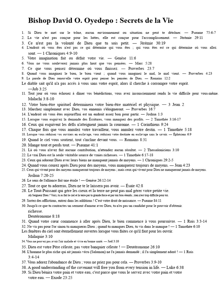 Secrets de la Vie selon David Oyedepo | PDF | Contenu de la Bible ...