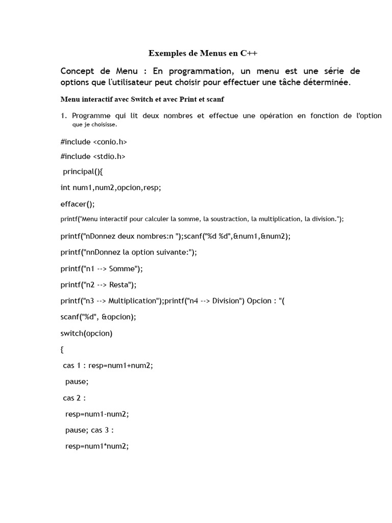 Exemples de Menus Interactifs en C++ | PDF | Unix | Standards informatiques