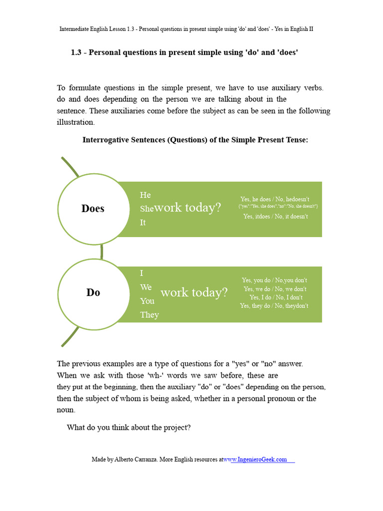 Present Simple Questions with 'Do' & 'Does' | PDF | Question | English ...