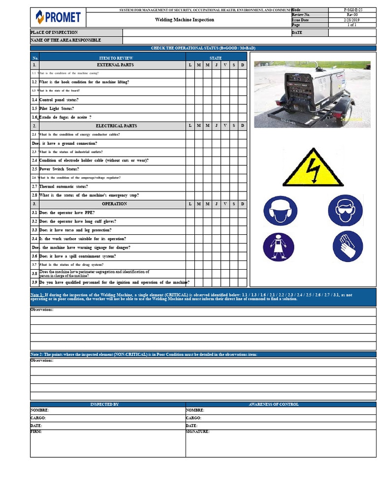 Welding Machine Safety Inspection Checklist | PDF | Welding | Construction