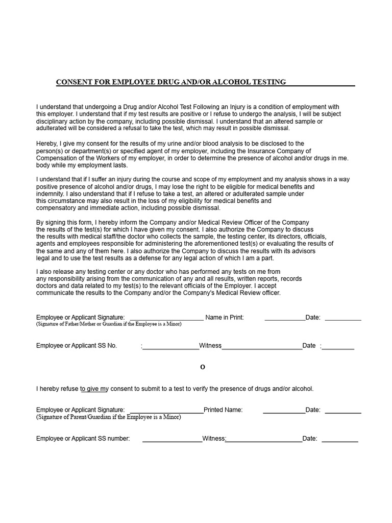 Employee Drug and Alcohol Testing Consent | PDF | Employment | Insurance