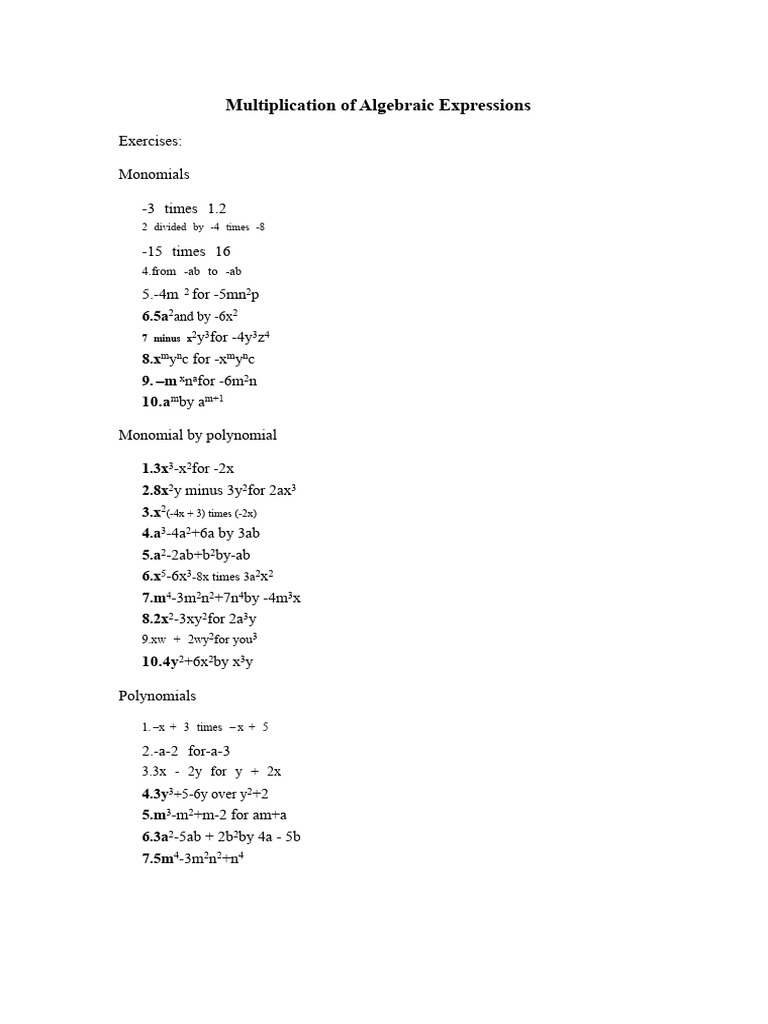 Algebraic Expressions Multiplication Guide | PDF