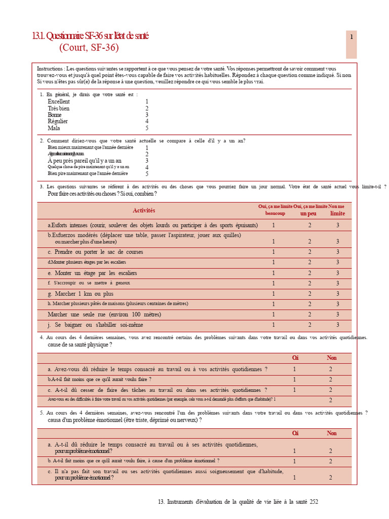 Questionnaire SF-36 sur l'état de santé | PDF | Concept de psychologie