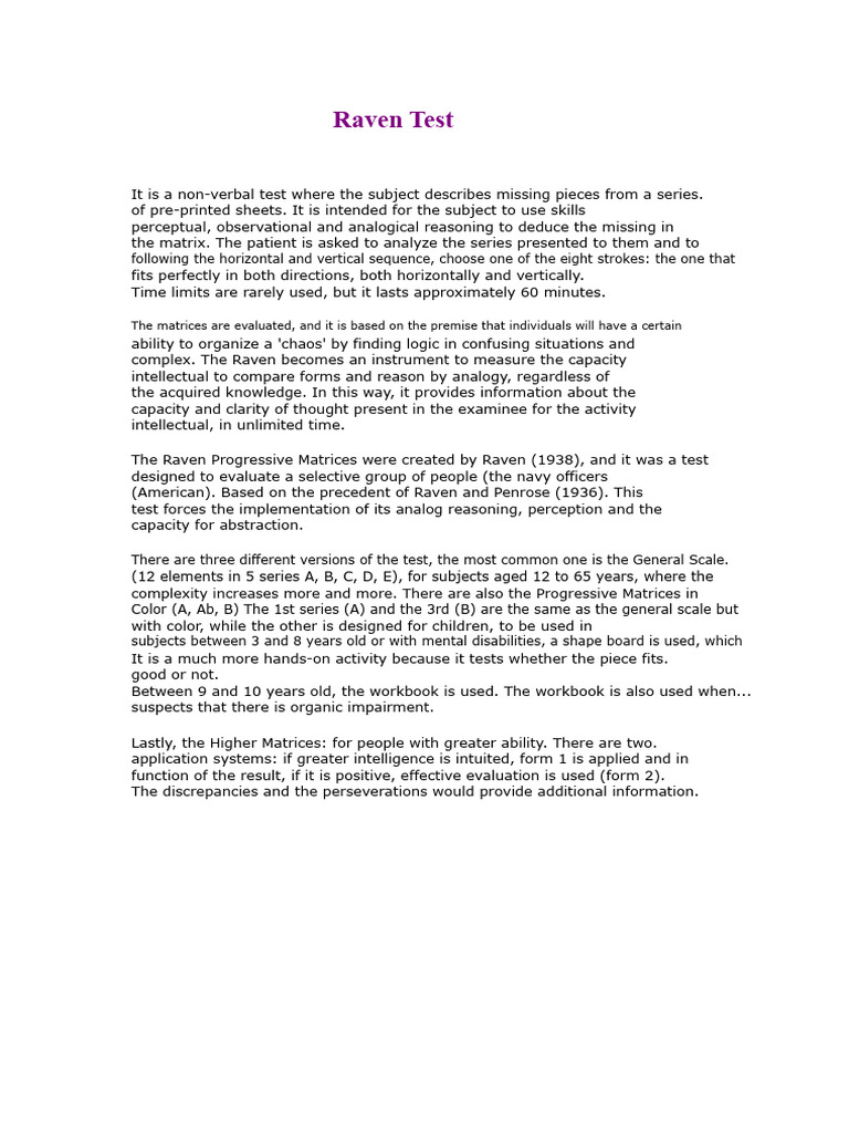 Raven's Progressive Matrices Test (Booklet) | PDF