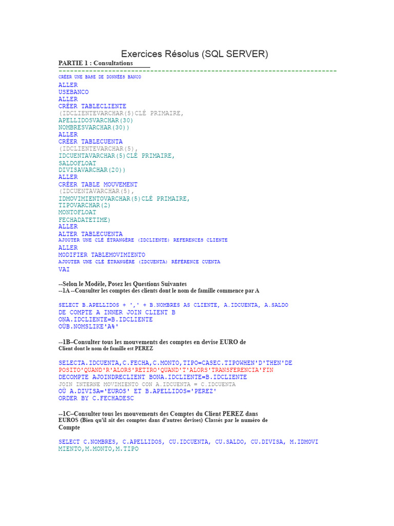 Exercices SQL Server Résolus et Pratiques | PDF | Microsoft SQL Server ...