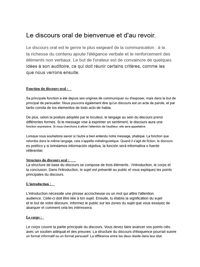 Guide du discours oral : structure et fonctions | PDF
