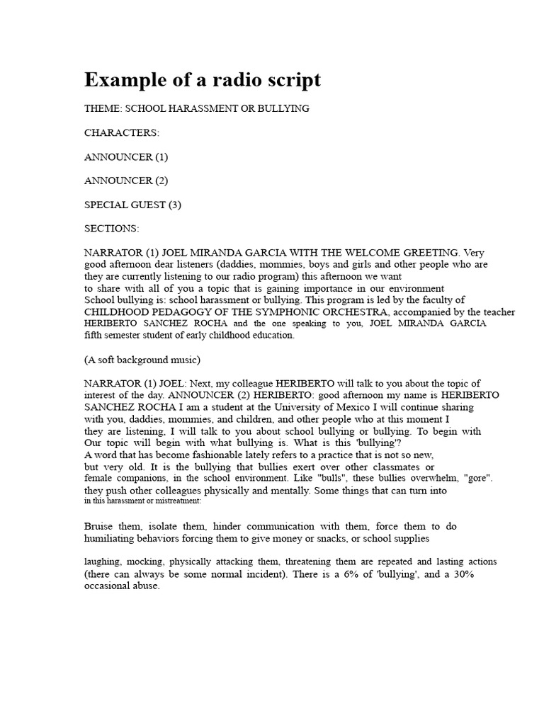 Radio Script on School Bullying | PDF | Bullying | Self Esteem