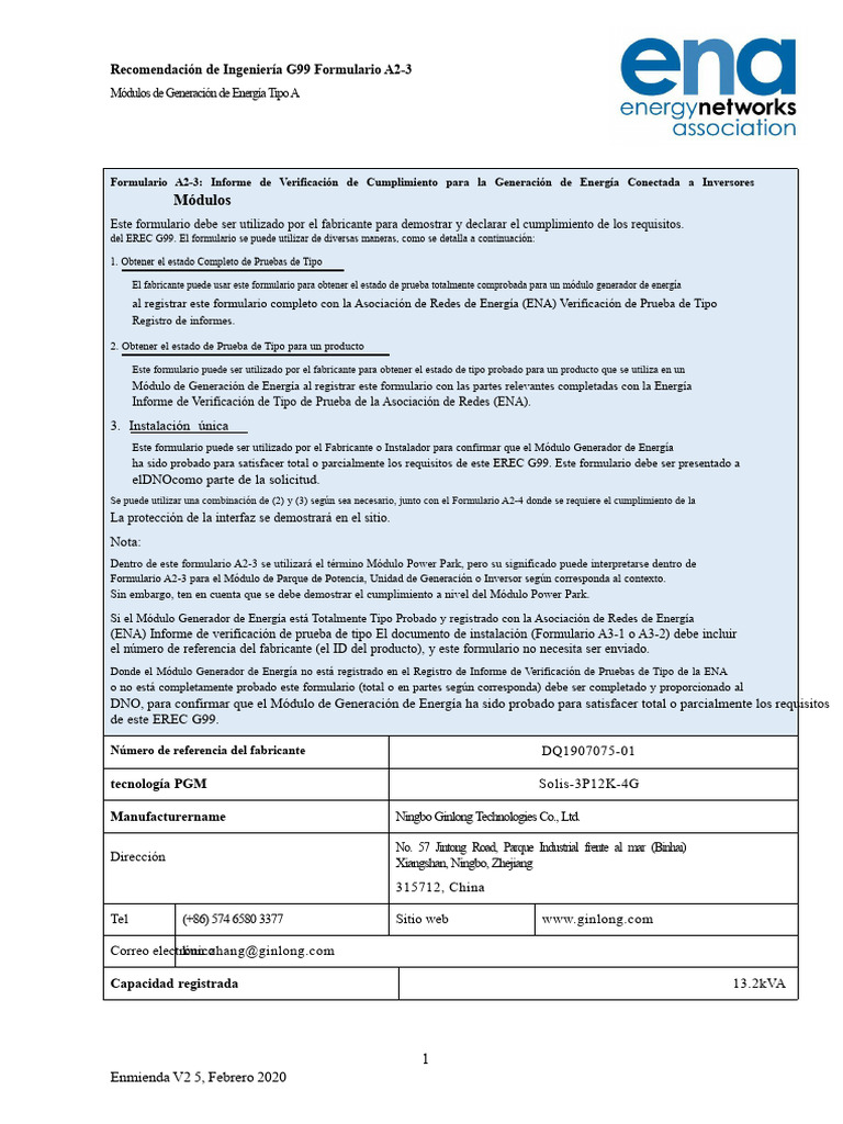 Cumplimiento EREC G99 Formulario A2-3 | PDF | Relé | Hertz