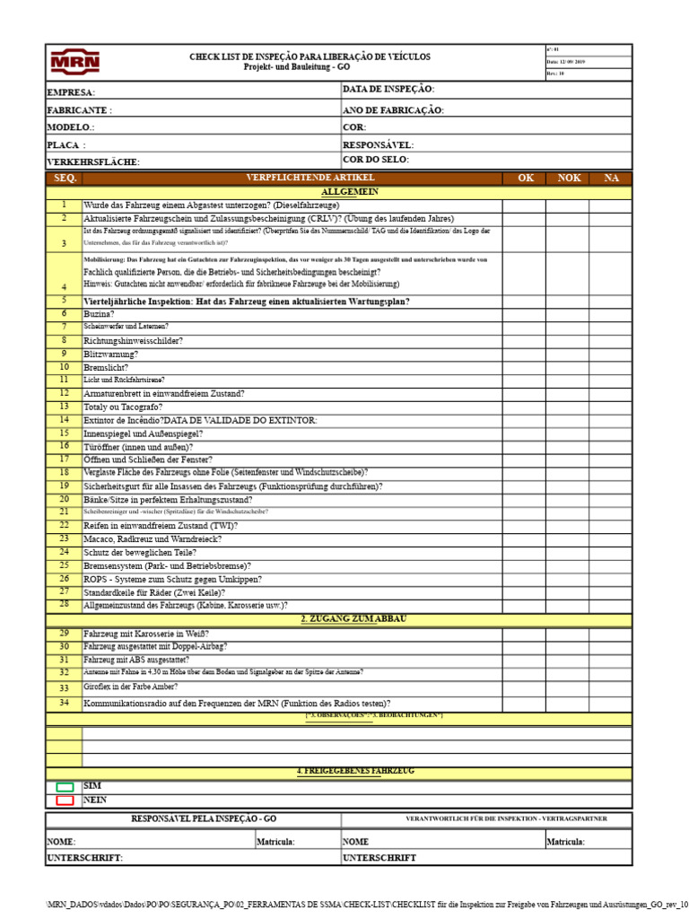 CHECKLIST Für Die Inspektion Zur Freigabe Von Fahrzeugen Und Geräten ...