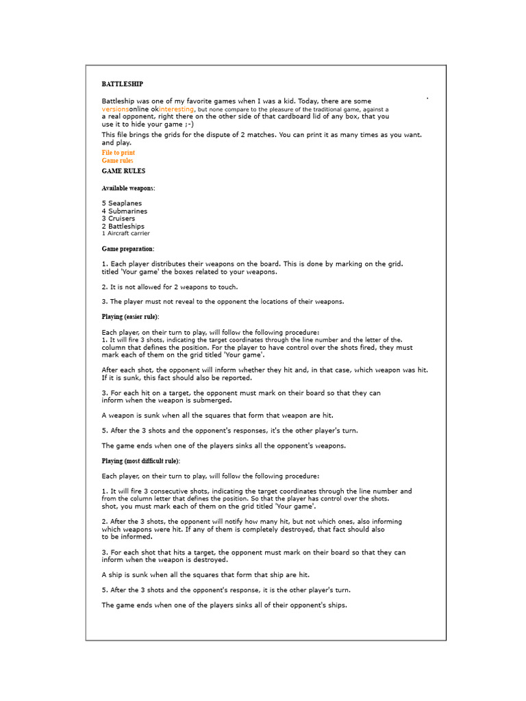 NAVAL BATTLE Rules | PDF | Battleship | Warfare