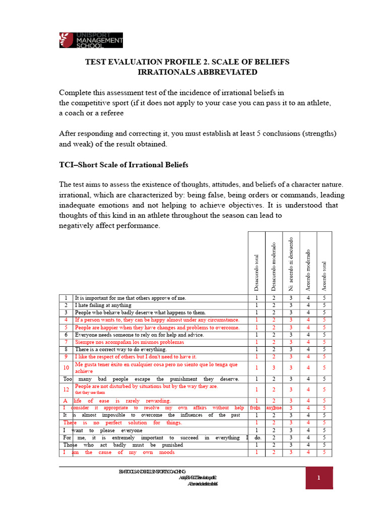 Irrational Beliefs Assessment in Sports | PDF | Thought | Attitude ...