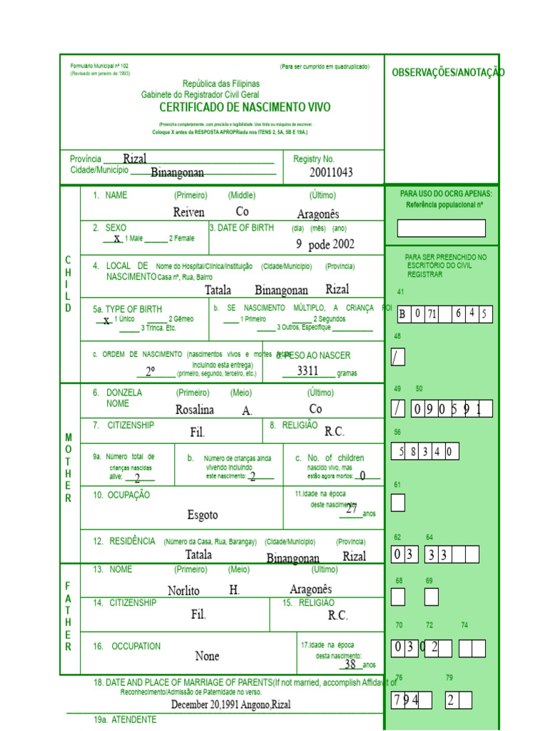 Formulário de Certificado de Nascimento | PDF